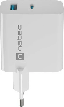 Stenski polnilec GaN 65W, 1x USB-A + 1x USB-C, Natec Ribera, bel