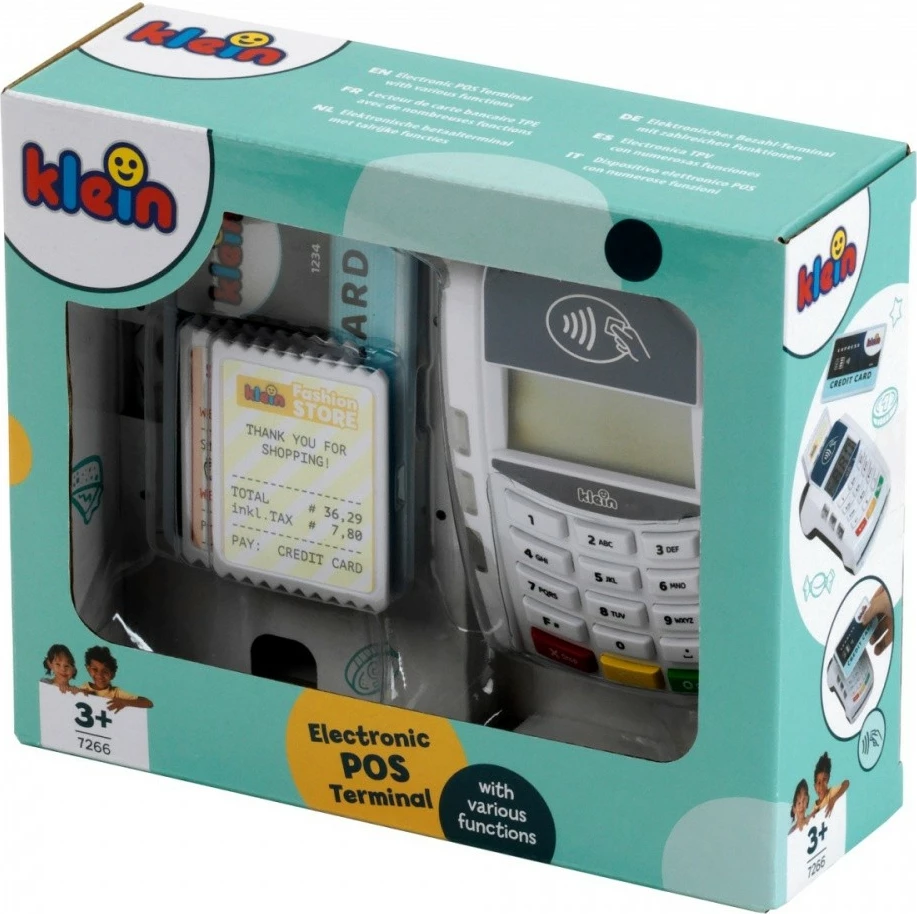 Igračni plačilni terminal Klein 7266, plastika, bel, z igričarsko kreditno kartico in računi