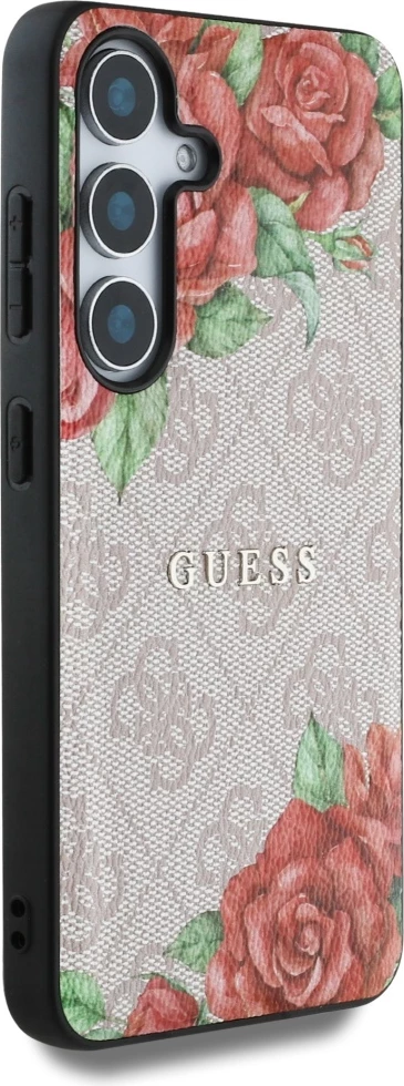 Ovitek za telefon z rožnim potiskom, MagSafe — Guess Leather 4G, kovinski klasični logotip, za Samsung Galaxy S25, rožnat