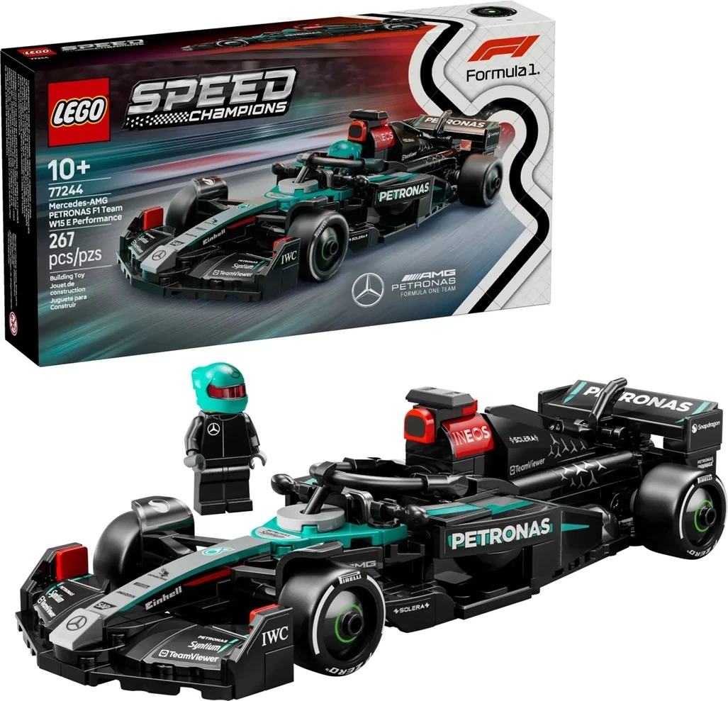 Model dirkalnega avtomobila Mercedes-AMG F1 W15, LEGO Speed Champions 77244, 267 delov, z minifiguro