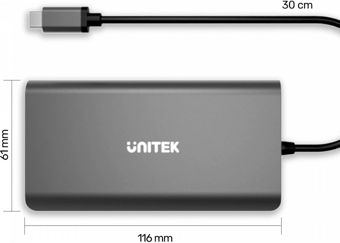 Razširitveni hub USB-C 8-v-1, Unitek D1019B, HDMI, VGA, RJ45, SD, PD 100W, siv