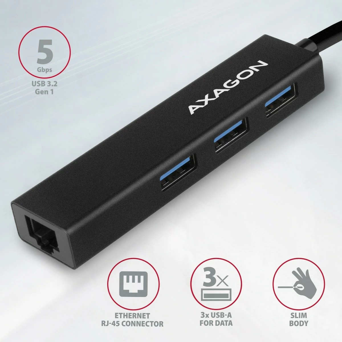Multiport USB hub, 4 v 1, 5 Gbps, 3x USB-A + Gigabit LAN, aluminij, USB-A kabel 20 cm, črn - AXAGON HMA-GL3A Multiport USB hub, 4 v 1, 5 Gbps, 3x USB-A + Gigabit LAN, aluminij, USB-A kabel 20 cm, črn - AXAGON HMA-GL3A