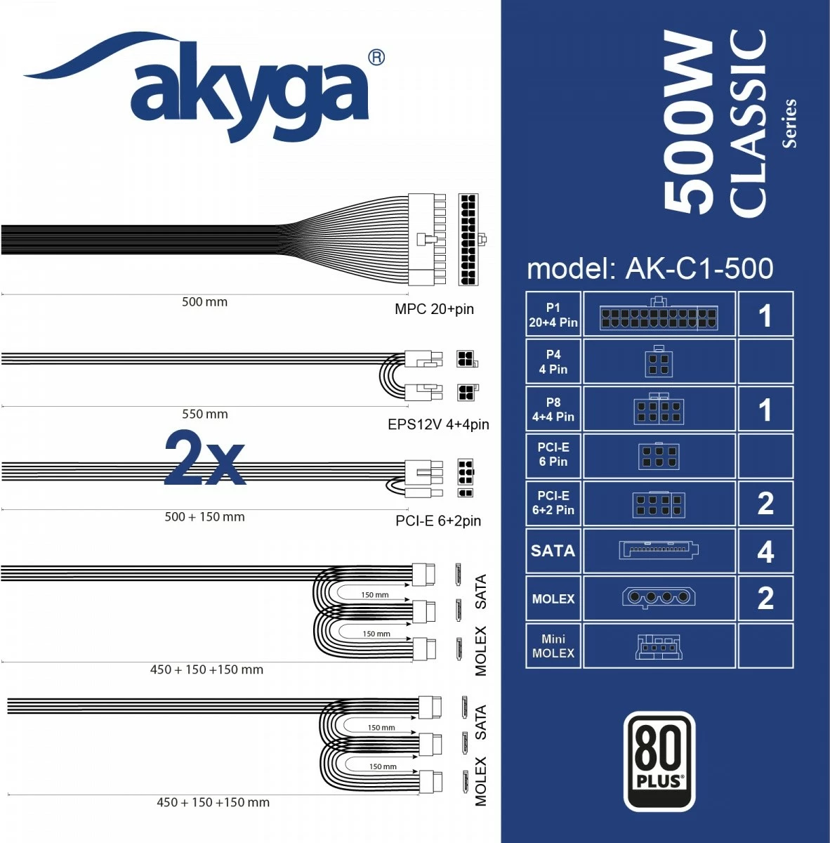 Napajalnik 500 W, ATX, 80 PLUS, črn AKYGA AK-C1-500