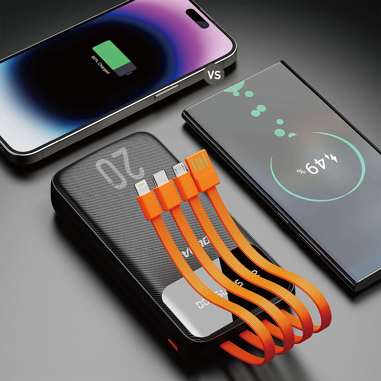 Powerbank 20000 mAh, 3 vgrajeni kabli (USB-C + micro USB + Lightning), 2x USB izhoda, zaslon napolnjenosti, črn, Dudao K6Pro+