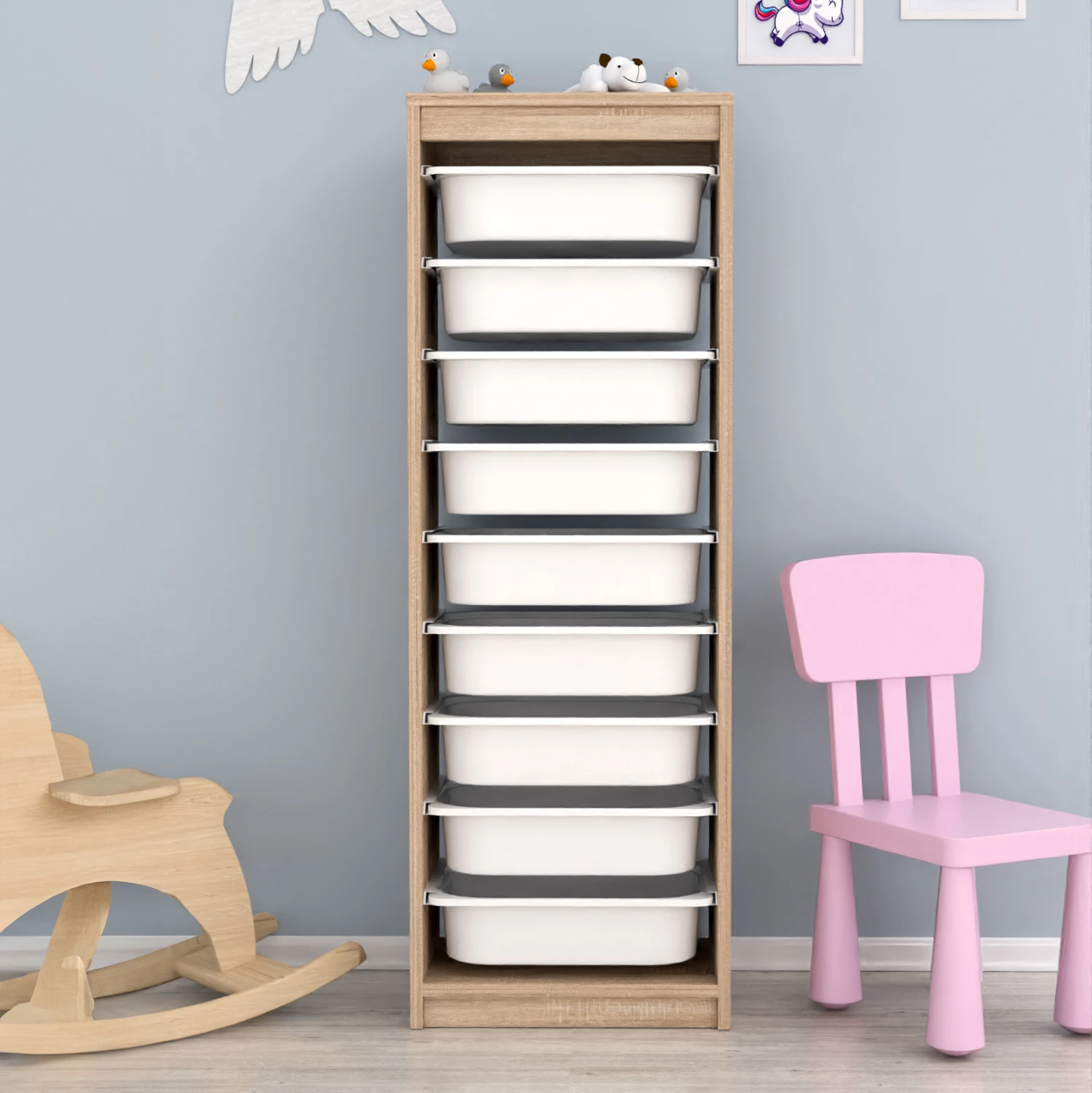 Visok predalnik SANI FH18203.03 iz melamina v barvi sonama z 9 belimi plastičnimi predali 45,5x29,6x125H cm