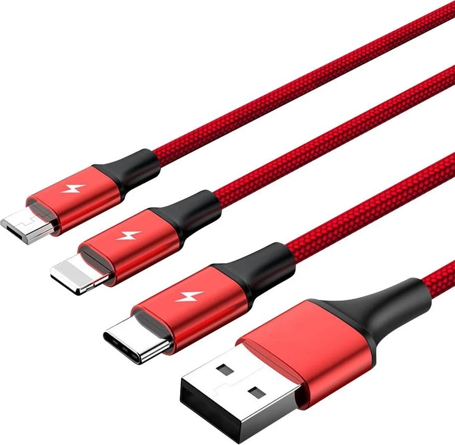 Večfunkcijski kabel USB A na USB C/Micro-USB B/Lightning UNITEK C4049RD, 1,2 m, rdeč