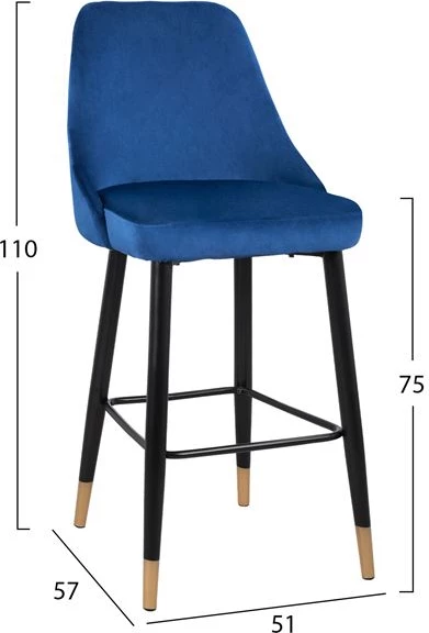 Barski stol SERENITY FH8519.08 žametno moder z kovinskim okvirjem 51x57x110cm, set 2 kosov