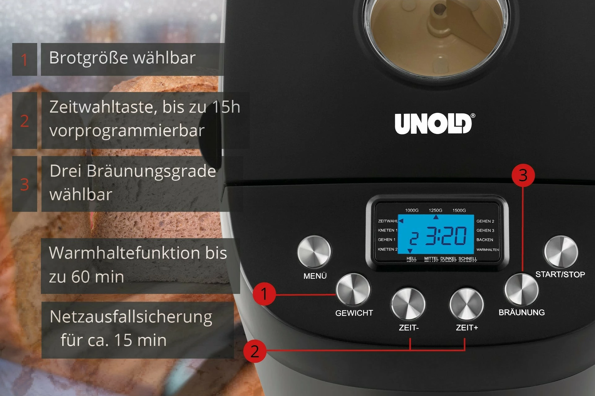 Pekač kruha UNOLD Backmeister Big, 1,5 kg, okno za pregled, tajmer, nastavljiva barva skorje, funkcija ohranjanja toplote, 850 W