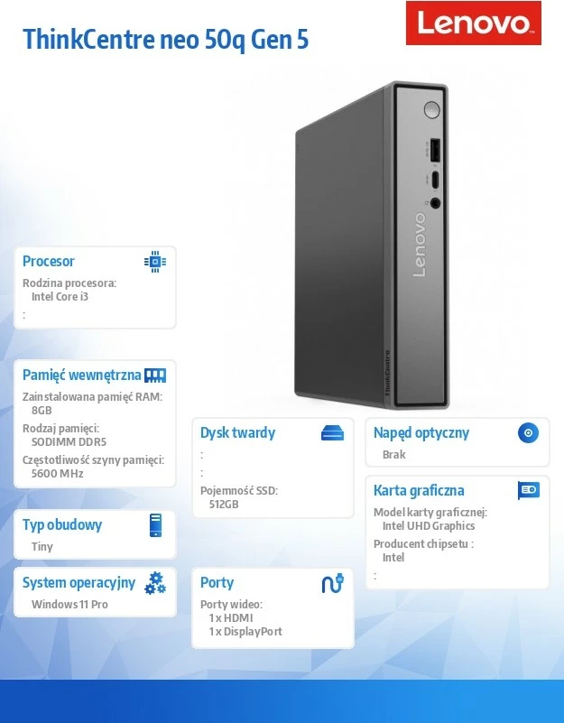 Računalnik Tiny Lenovo ThinkCentre neo 50q Gen 5 13B90019PB, Intel Core i3-1315U, 8GB RAM pomnilnik, 512GB SSD, Intel UHD Graphics, Windows 11 Pro, črn in srebrn, komplet miška + tipkovnica
