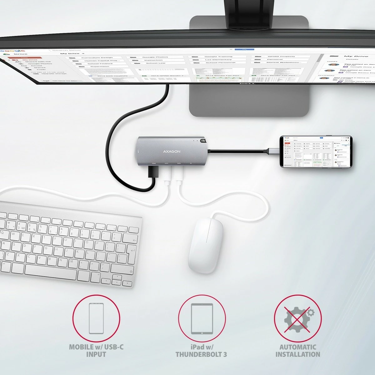Multifunkcionalen hub 6‑v‑1 AXAGON HMC-6M2, USB-C 3.2 Gen 1, režo M.2 SATA, HDMI, GLAN, 2x USB-A, PD 100W, siva