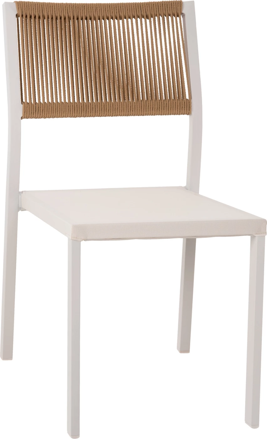 Aluminijasti stol FH5921.02 z belim okvirjem in tekstilom z bež sintetičnim ratanom 46x55,5x83Hcm