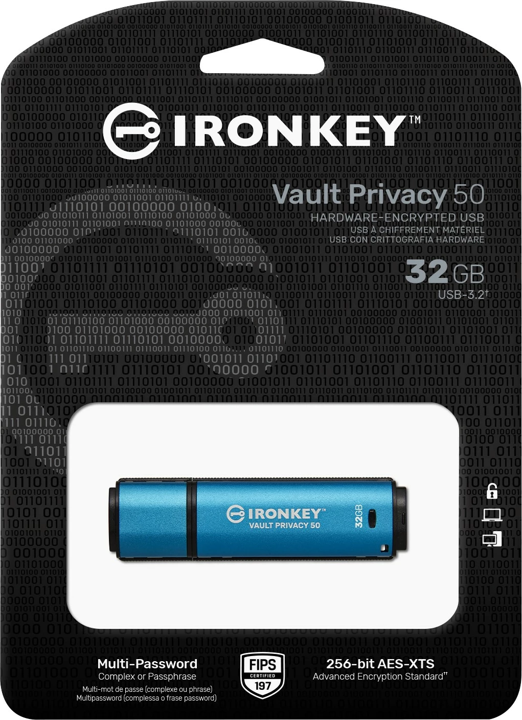 Varnostni USB ključ Kingston IronKey Vault Privacy 50 32GB, USB 3.2, črno/moder