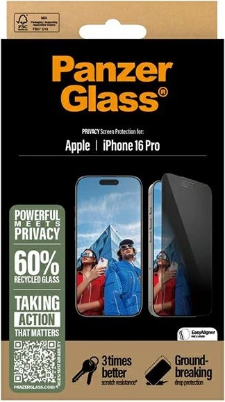 Zaščitno steklo za zasebnost PanzerGlass za iPhone 16 Pro, 6,3", ultra široko