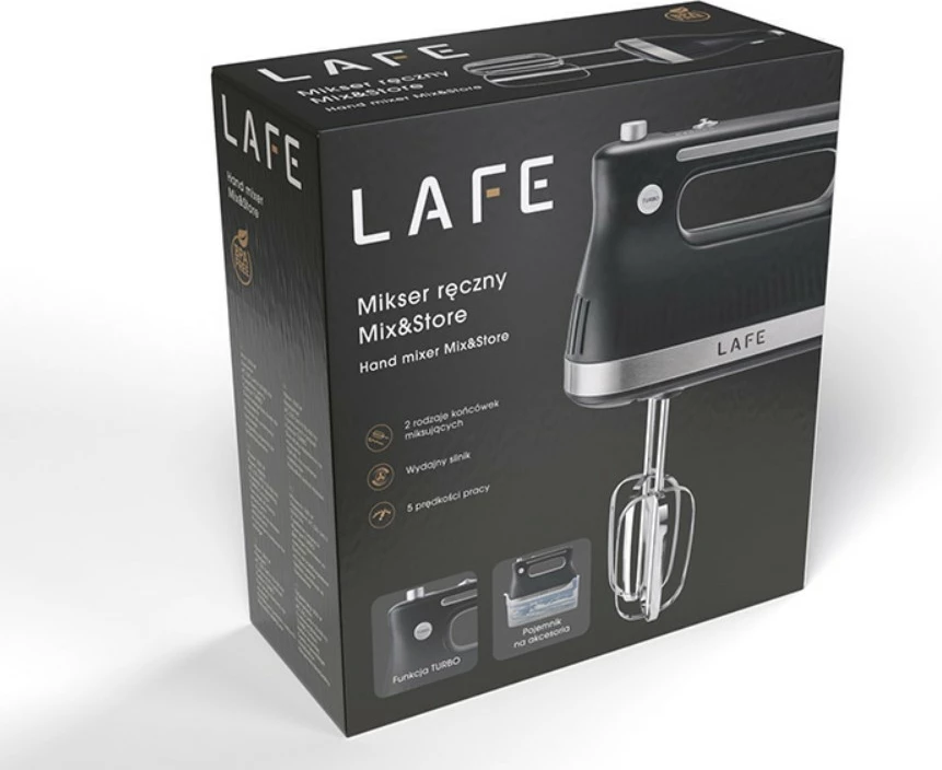 Ročni mešalnik Lafe Mix&Store LAFMIX47473, 500 W, 5 hitrosti, turbo, z 2 vrstama nastavkov in škatlo za shranjevanje, črn