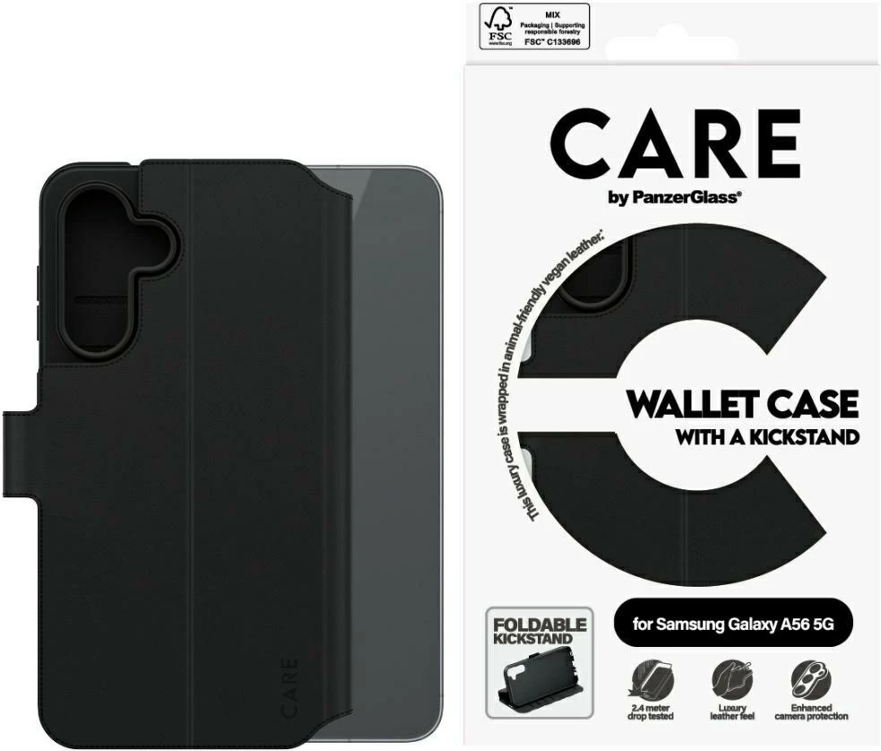 Ovitek za telefon PanzerGlass CARE Wallet Kickstand za Samsung Galaxy A56 5G, črn