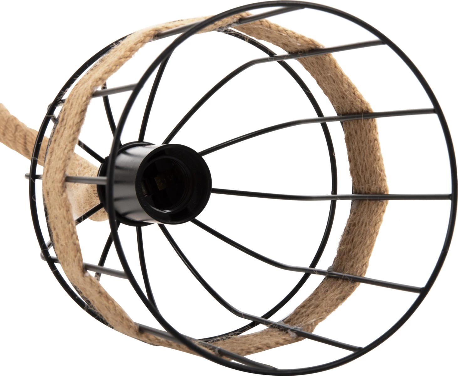 Stropna viseča svetilka s 3 lučmi FH4180 črna kovina-naravna konopljina vrv 80x14,5x137H cm