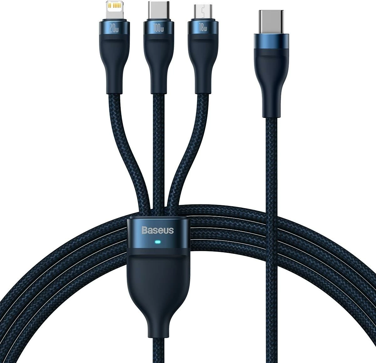 3-v-1 kabel Baseus Flash Series II, 1,5 m, 100 W, USB-A/USB-C/Lightning/Micro USB, modra