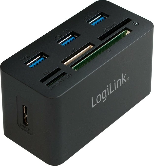 USB-hub z 3 vrati in čitalcem kartic, LogiLink CR0042, 3x USB 3.0, črn