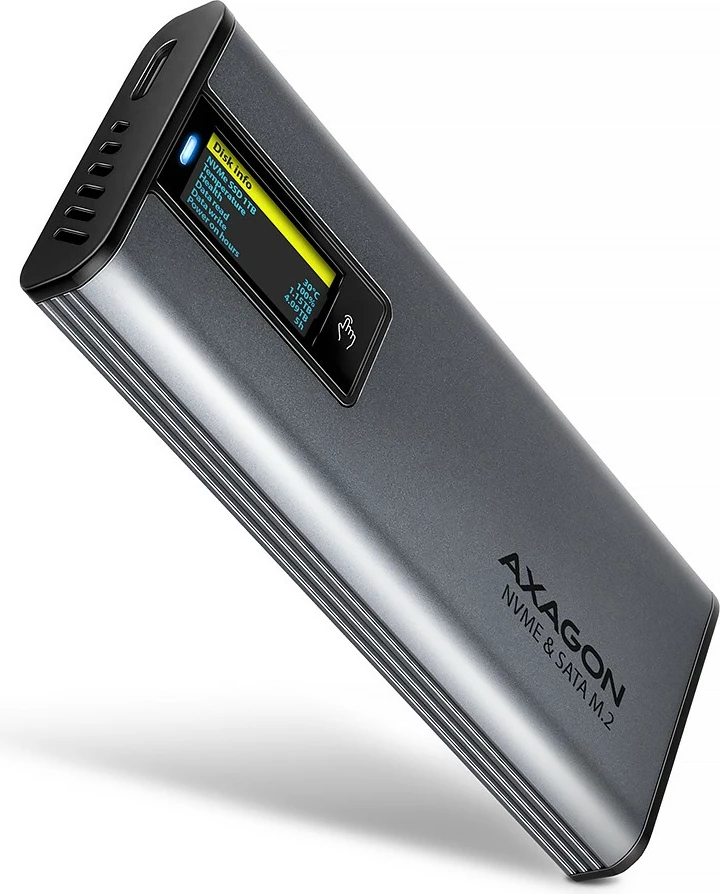 Zunanje računalniško ohišje za SSD AXAGON EEM2-SD2, M.2 NVMe/SATA, USB-A/C 3.2 Gen2, LCD zaslon, sivo