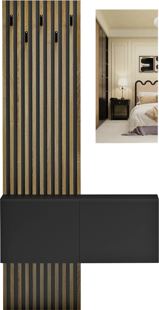 Pohištveni set za predsobo z ogledalom MYLES FH18080.02 melamin v sonoma-črni 100x37.1x199.5H cm