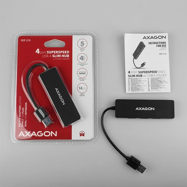 USB razdelilec AXAGON HUE-G1A, 4 vrata, USB 3.2 Gen 1, kabel 14 cm, črn USB razdelilec AXAGON HUE-G1A, 4 vrata, USB 3.2 Gen 1, kabel 14 cm, črn