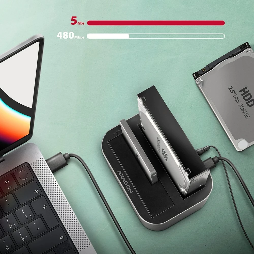 Doks za diske AXAGON ADSA-DC, USB 3.2 Gen 1, 2x SATA 6G, siv Doks za diske AXAGON ADSA-DC, USB 3.2 Gen 1, 2x SATA 6G, siv