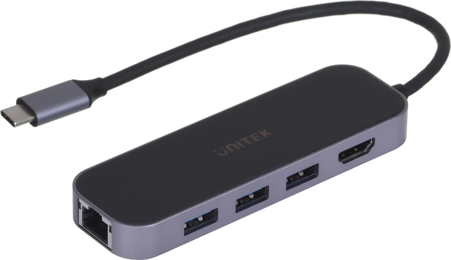 USB-C razdelilec Unitek Hub, RJ-45, 3x USB-A, črn