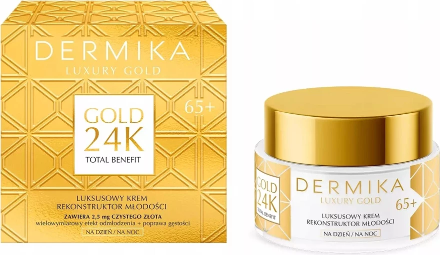 Vlažilna krema za obraze za ženske Dermika Luxury Gold 24K Total Benefit, pomlajevalna krema 65+, 50 ml