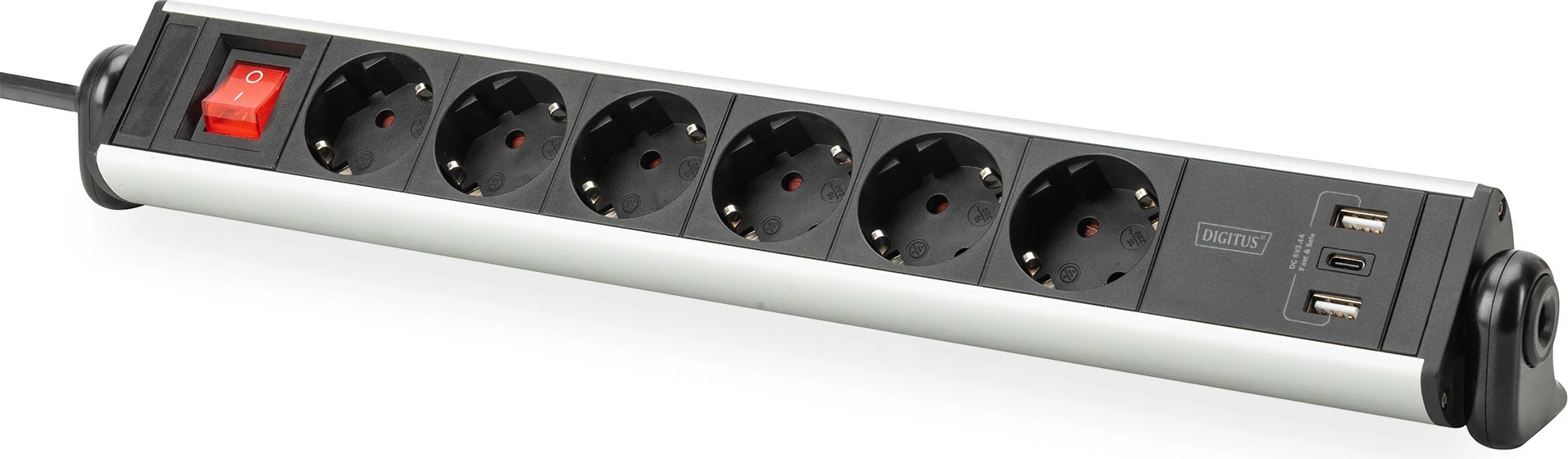 Napajalni razdelilec 6-vraten z 3x USB, 1,5 m, notranji, Type F, aluminij, črn, srebrn Digitus