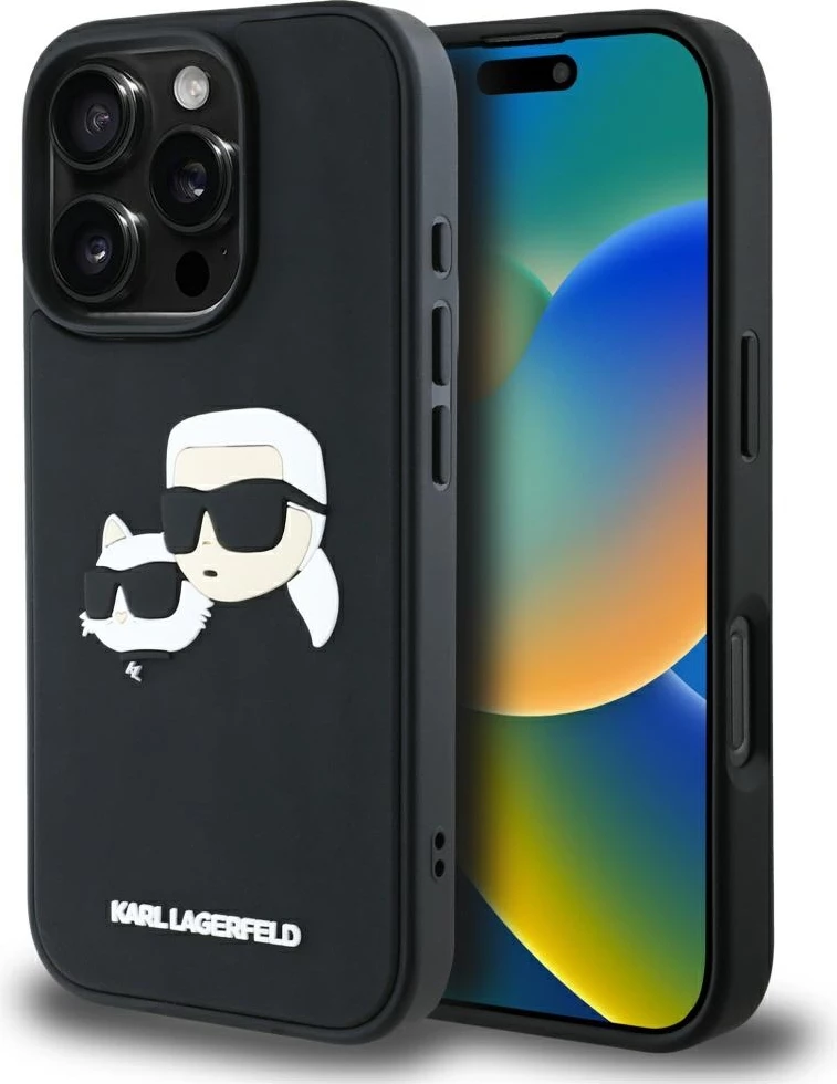Ovitek z 3D motivom Karl Lagerfeld z dvojno glavo za iPhone 16 Pro Max, črn