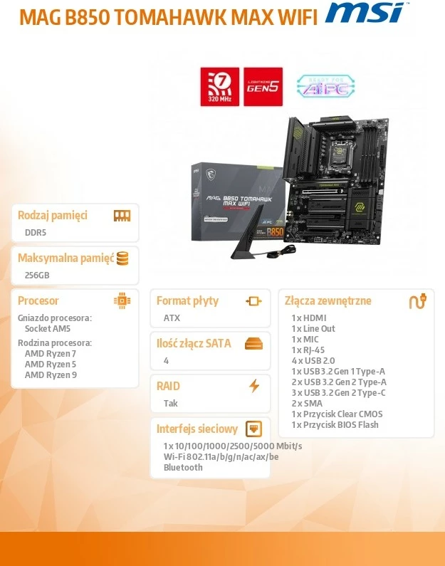 Materinska plošča MSI MAG B850 TOMAHAWK MAX WIFI, Socket AM5, DDR5, ATX, črna
