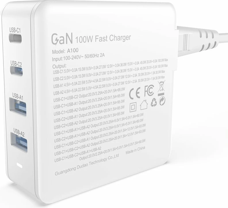 Stenski polnilec GaN 100 W, 2x USB-C, 2x USB-A, Dudao A100EU, bel
