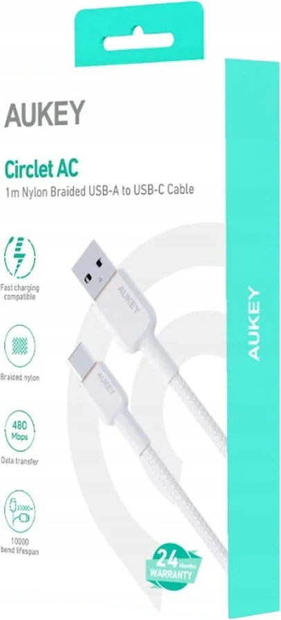 Kabel za polnjenje in prenos podatkov AUKEY CB-NAC1, USB-A v USB-C, 1 m, 60 W, bel