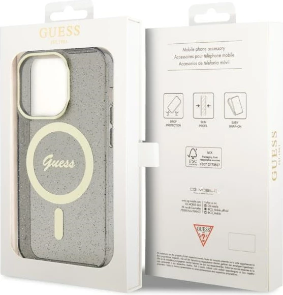 Zaščitni ovitek z bleščicami Guess GUHMP14LHCMCGK za iPhone 14 Pro 6,1", Glitter Gold MagSafe, črn
