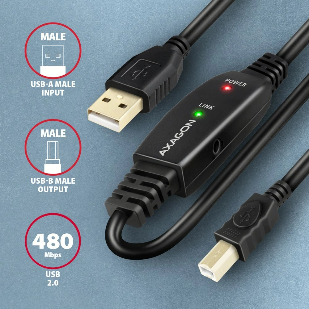 Aktivni USB 2.0 kabel, AXAGON ADR-220B, 20 m, za tiskalnik, črn Aktivni USB 2.0 kabel, AXAGON ADR-220B, 20 m, za tiskalnik, črn