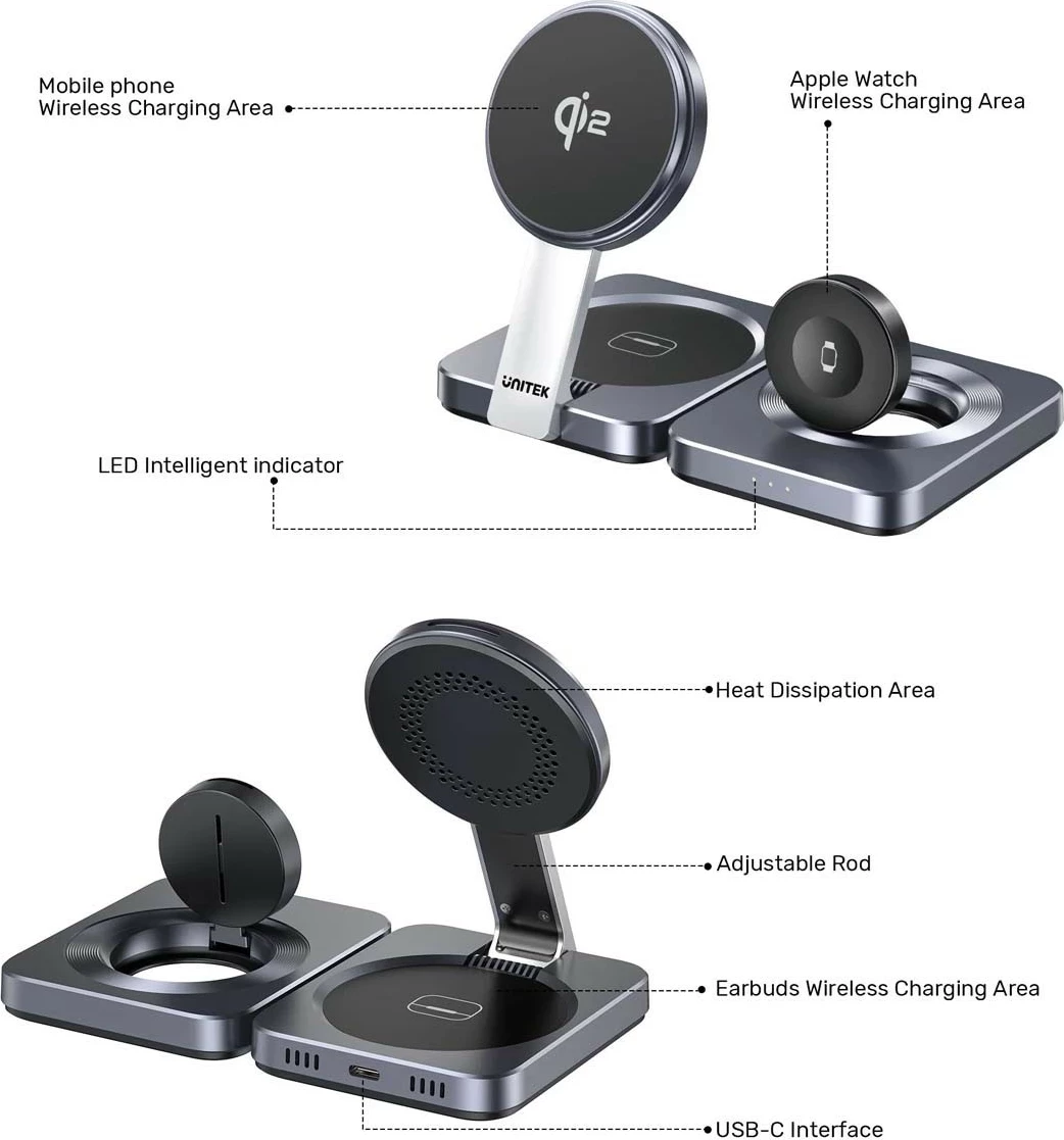 Polnilna postaja za brezžično polnjenje Qi2, 15 W, sivo — Unitek 3v1