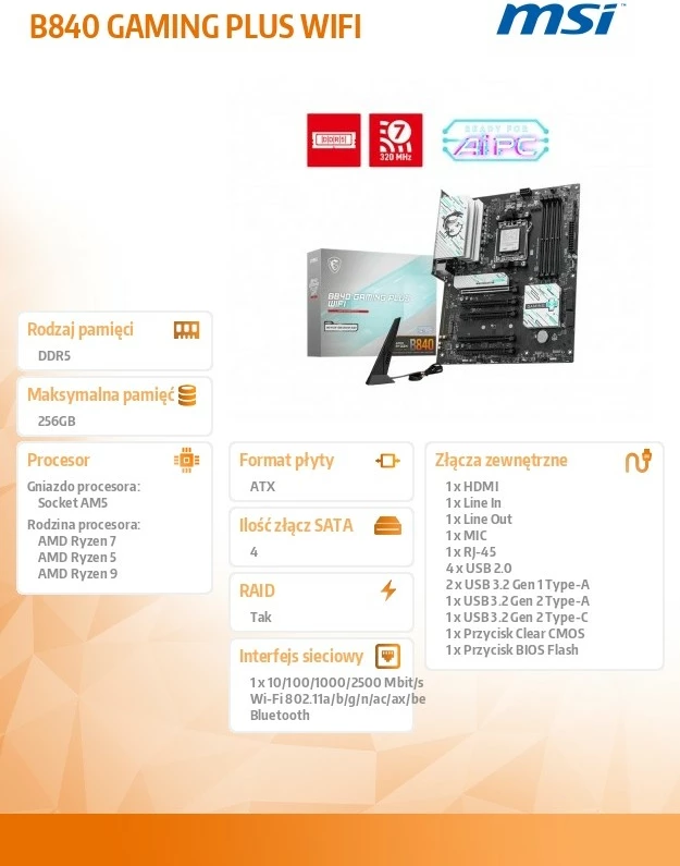 Plošča za igranje MSI B840 GAMING PLUS WIFI, Socket AM5, DDR5, ATX, Wi‑Fi 7