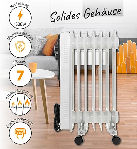 Oljni radiator 7 reber, 1500 W, 3 stopnje ogrevanja, Adler 7815, bel