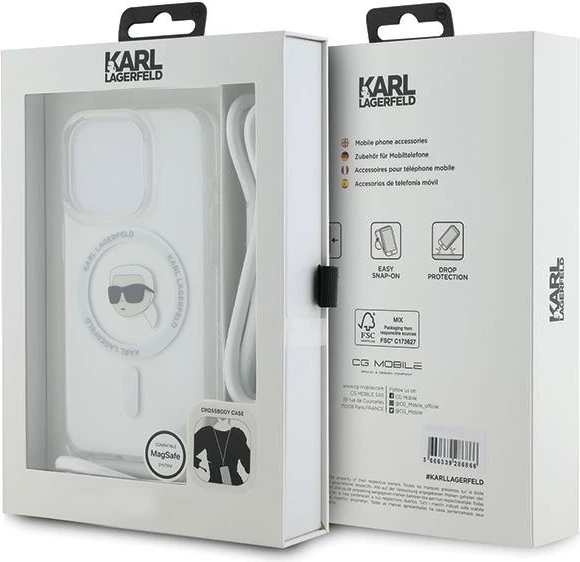 Prozoren ovitek Crossbody Karl Head MagSafe, Karl Lagerfeld za iPhone 15 Pro