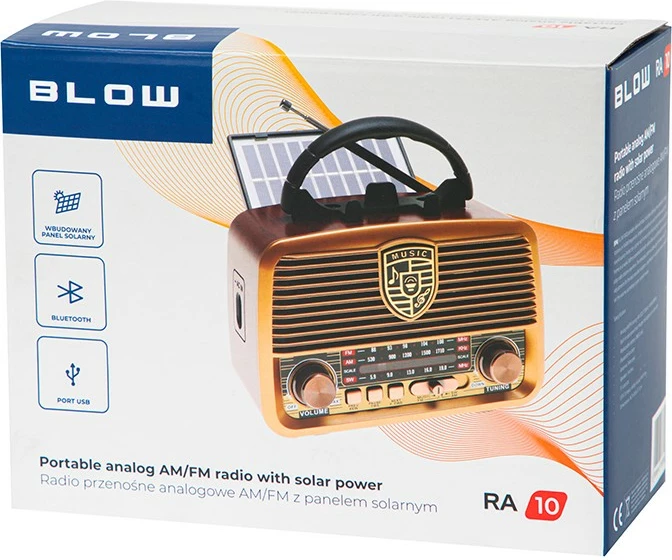 Prenosni analogni radio, AM/FM, Bluetooth, solar, 1200mAh BLOW RA10, črn/rjav/zlat