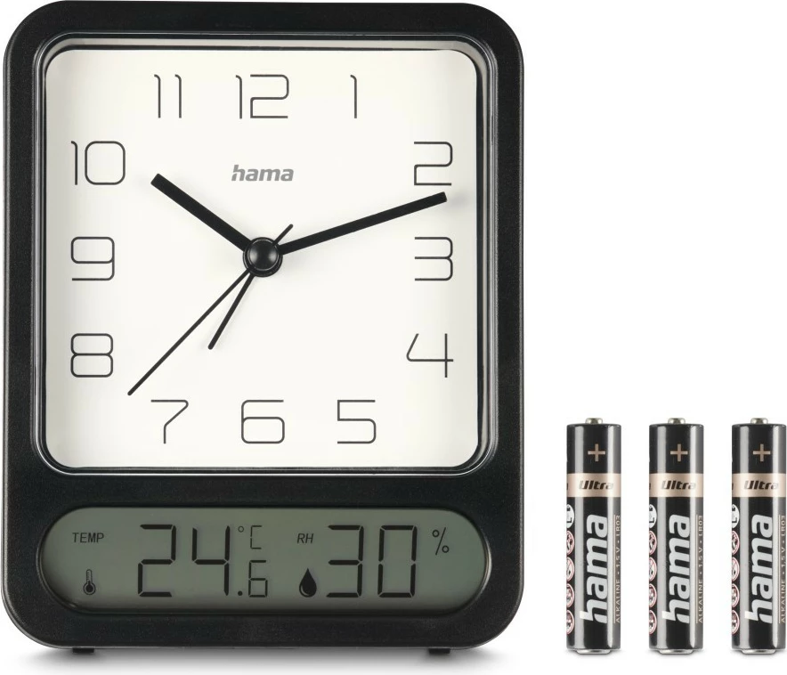 Alarmna ura z vlažinometrom in termometrom Hama 222223, analogna, črna
