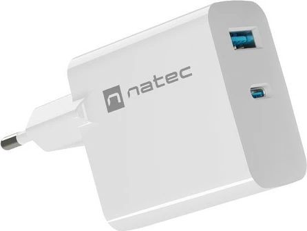 Stenski polnilec GaN 65W, 1x USB-A + 1x USB-C, Natec Ribera, bel