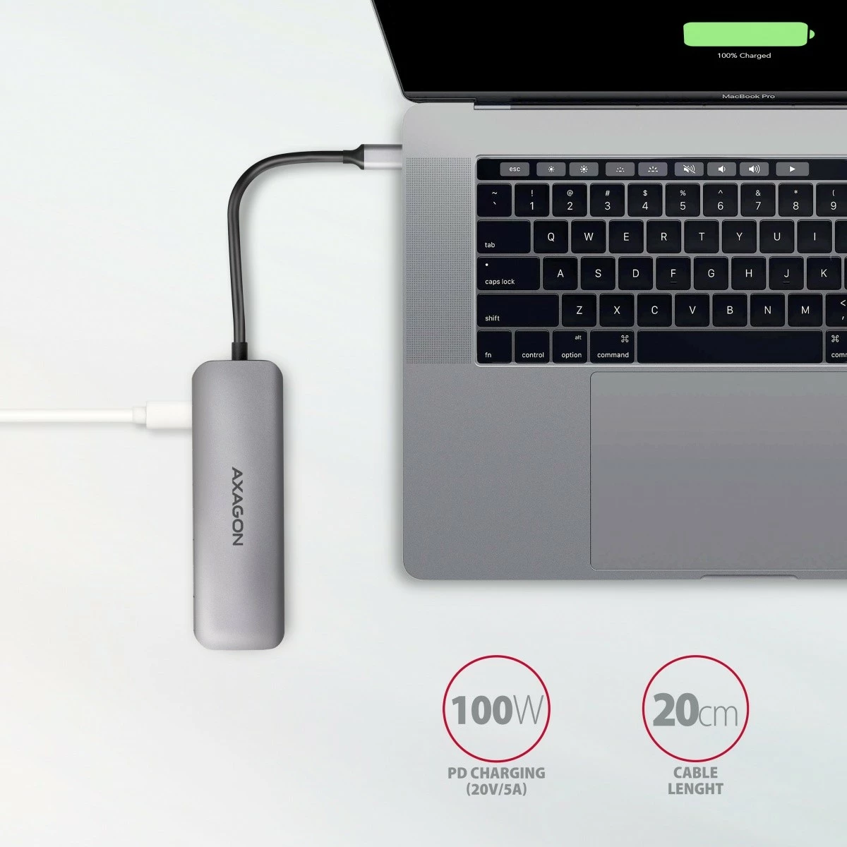 Multiport adapter AXAGON HMC-5, 5 vrat, USB-C, HDMI 4K, SD/microSD, Power Delivery 100W, 20cm, črno/siv