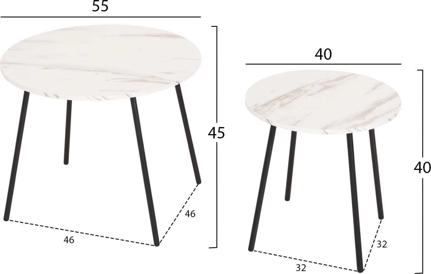 Klubske mize 2 kosa okrogle cupper FH9878.12 melamin v beli marmor-črni kovini Φ55x45Hcm