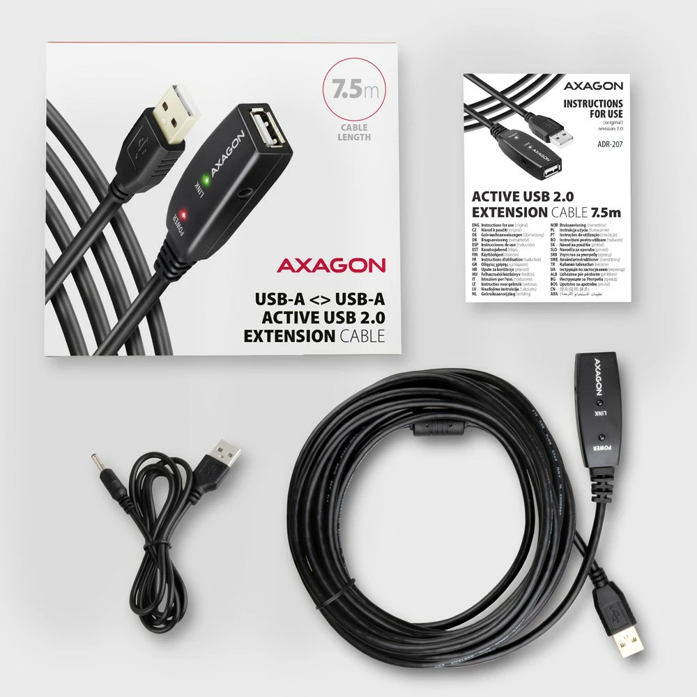 Aktivni USB podaljšek 2.0, 7,5 m, črn AXAGON ADR-207 Aktivni USB podaljšek 2.0, 7,5 m, črn AXAGON ADR-207