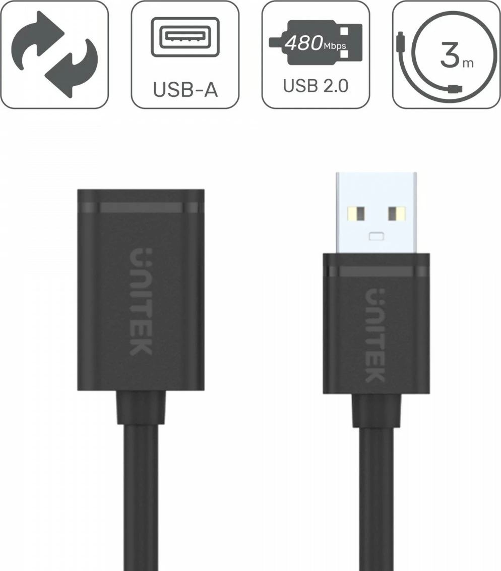 Podaljšek USB 2.0, 0,5 m, črn Unitek Y-C447GBK