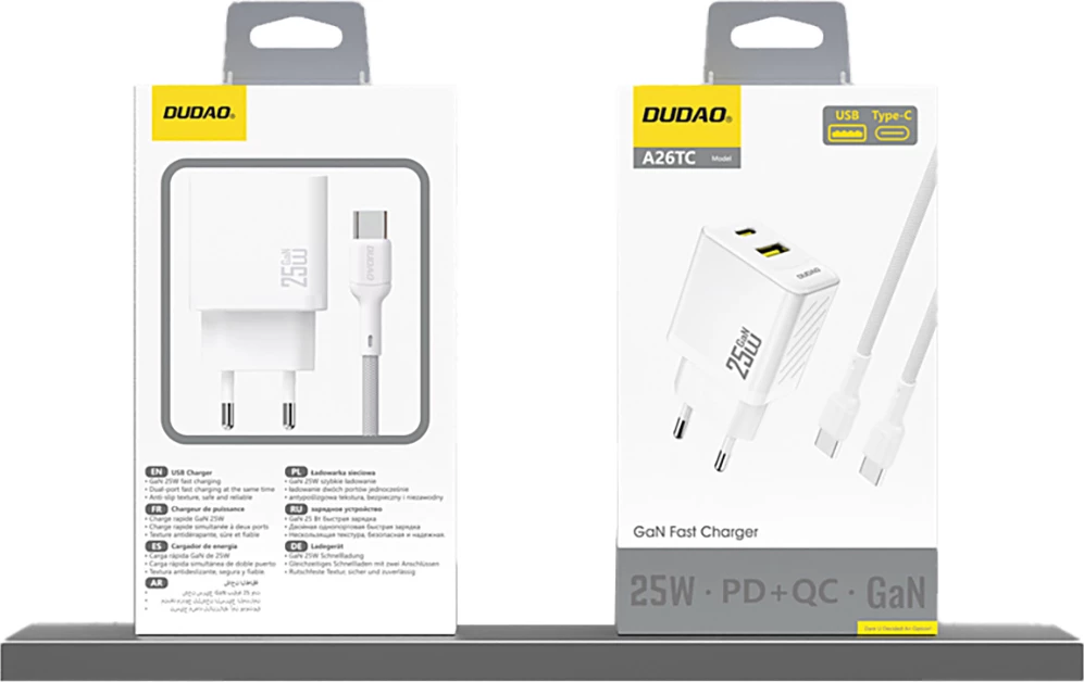 Stenski polnilec GaN, 25 W, 2 vrata USB-C/USB-A, Dudao A26T, bel