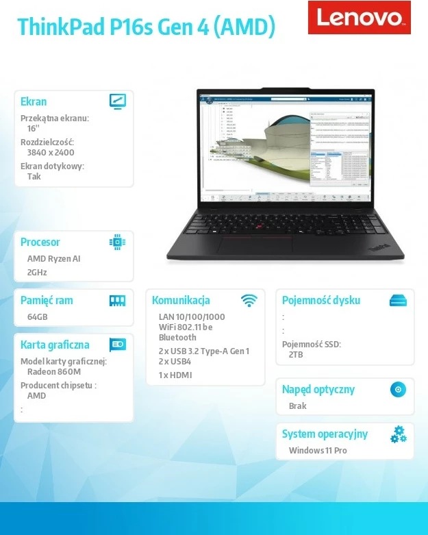 Prenosnik 16" OLED zaslon na dotik, AMD Ryzen AI 7 PRO 350, 64 GB RAM, 2 TB SSD, Radeon 860M — Lenovo ThinkPad P16s Gen 4, črn