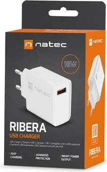 Stenski polnilec Natec Ribera, 1x USB-A, 18 W, bel