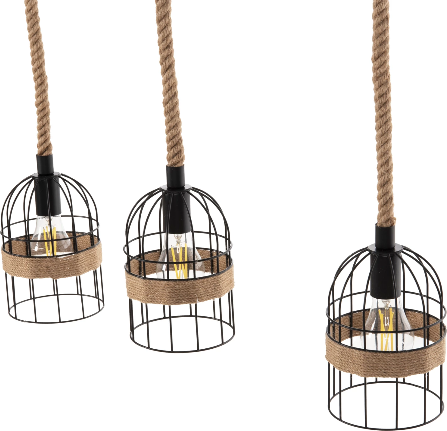 Stropna viseča svetilka s 3 lučmi FH4180 črna kovina-naravna konopljina vrv 80x14,5x137H cm